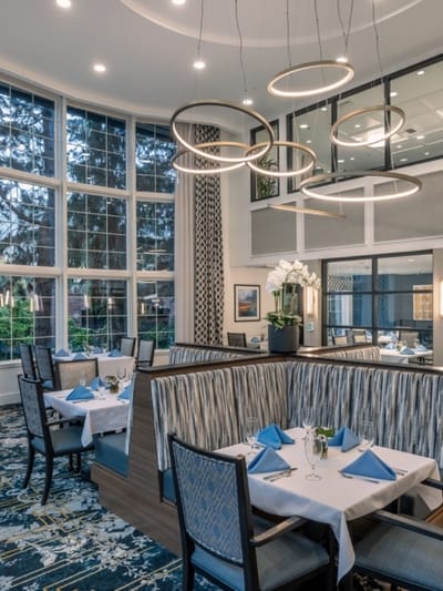 Elegant dining room setup with blue accents