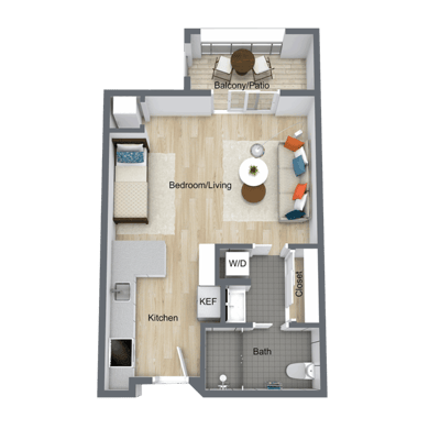 Architectural floor plan of a one-bedroom unit