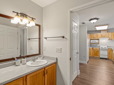 Interior view of a bathroom and kitchen area