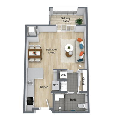 Architectural floor plan of a one-bedroom unit