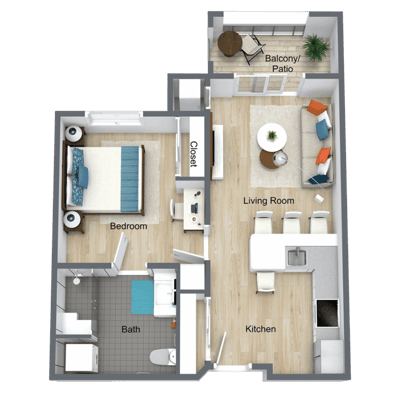 Interior layout of a one-bedroom apartment with labeled rooms