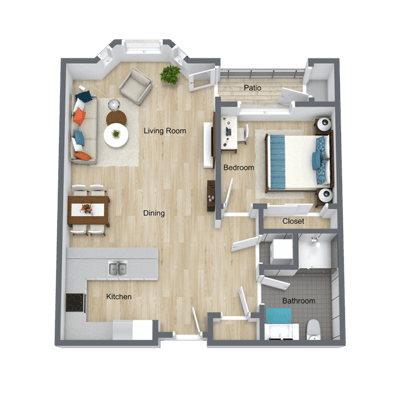 Layout of a one-bedroom apartment with living areas