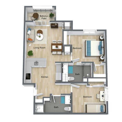Floor plan of a two-bedroom apartment layout