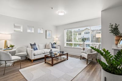 Bright and inviting lounge area in a senior living facility