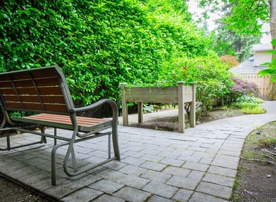 Garden path and seating area in outdoor space