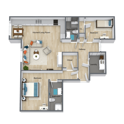 Architectural floor plan of a resident unit layout
