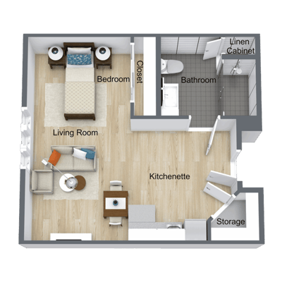 Floor plan of a one-bedroom apartment layout