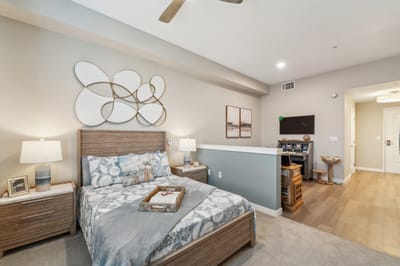 Stylish resident bedroom with modern decor and furniture