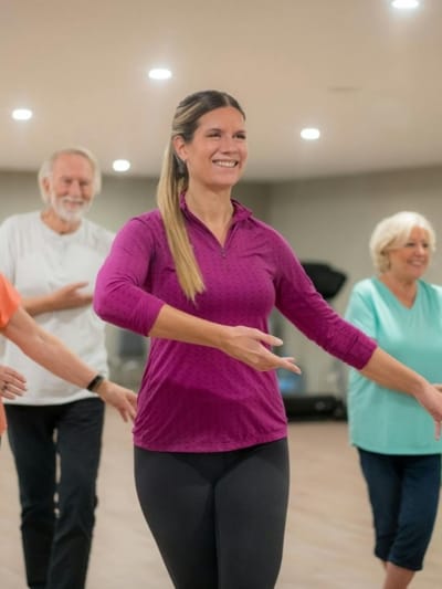 Residents participating in a group exercise class