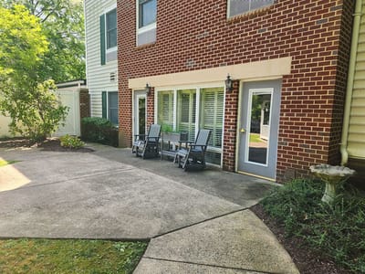 Outdoor seating area beside the facility