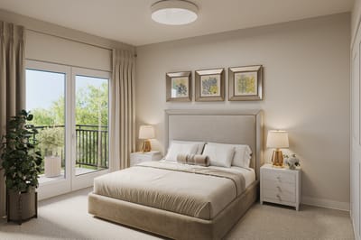 A well-furnished bedroom with a view and decor