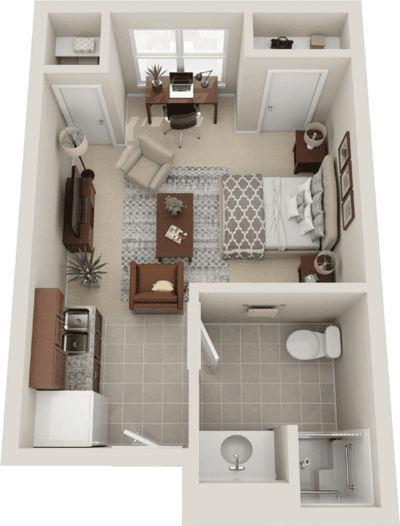Floor plan of a one-bedroom resident room