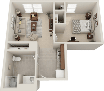 Floor plan of a one-bedroom senior living unit
