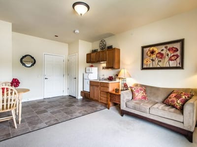 Cozy private resident room with kitchenette and seating area