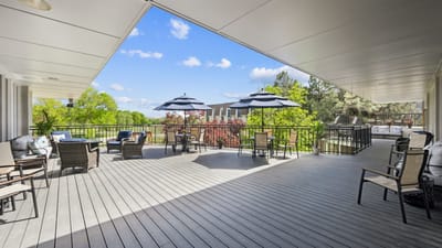 Outdoor seating area with umbrellas and views