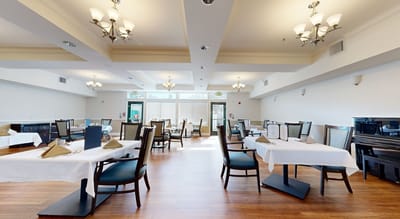 Dining area with elegant table settings and decor