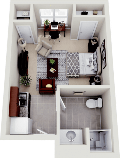 Layout of a private resident room with living area and bathroom