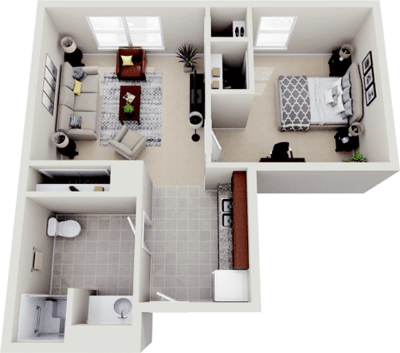 Interior layout of a one-bedroom resident unit