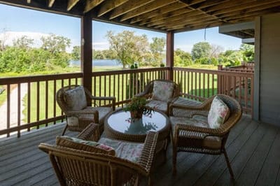 Outdoor seating area with a view of the lake