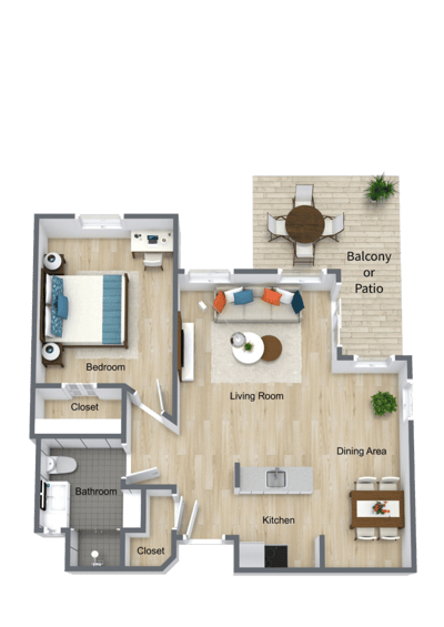 Architectural floor plan of a one-bedroom apartment
