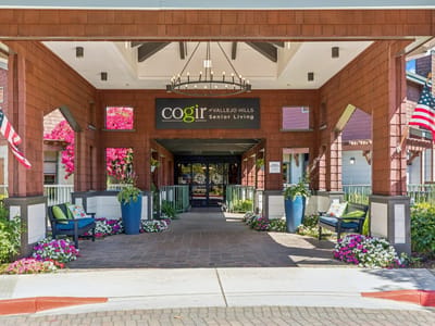 Entrance of Cogir of Vallejo Hills with floral decor