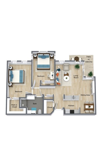 Architectural floor plan of a two-bedroom unit