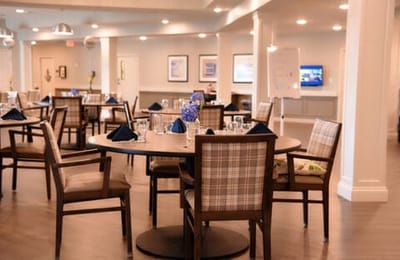Dining area set up with chairs and tables