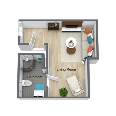 Floor plan of a living room and bathroom layout