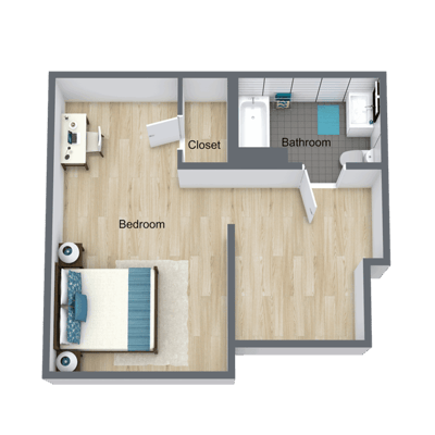 Floor plan of a bedroom and bathroom layout