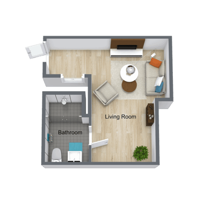 Architectural floor plan of a living room and bathroom