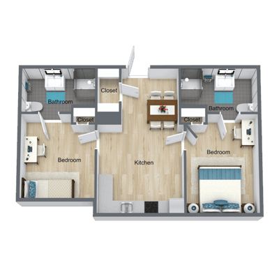 Architectural floor plan of a two-bedroom unit