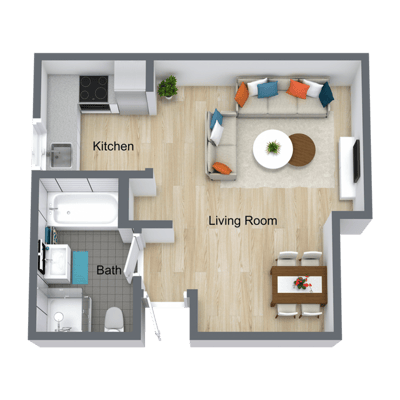 Floor plan of a one-bedroom unit with labeled rooms