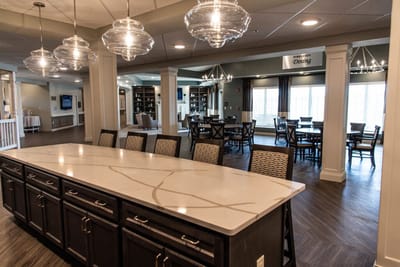 Modern dining area with sleek design and ample seating