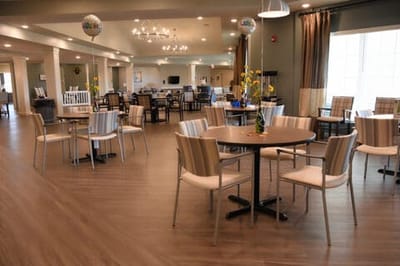Bright common area with seating and decorations