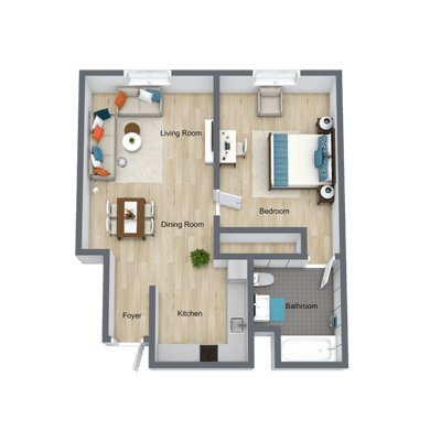 Floor plan of a one-bedroom apartment layout