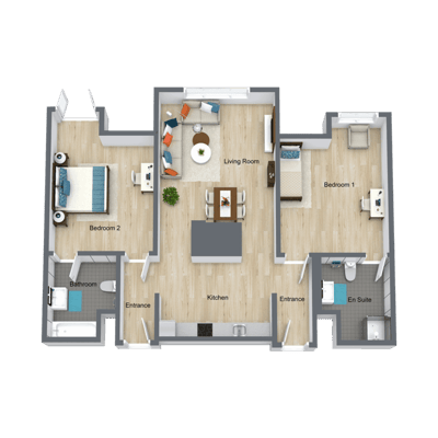 Architectural floor plan of a two-bedroom unit