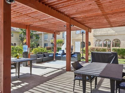 Outdoor space with shaded seating area