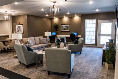 Interior view of a common area with seating