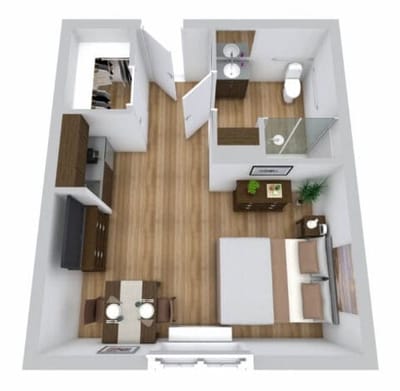 A well-furnished private resident room layout
