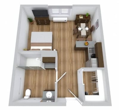 Floor plan of a one-bedroom resident unit
