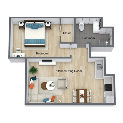 Architectural floor plan of a one-bedroom unit