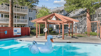 Swimming pool area with a gazebo and inflatable swan
