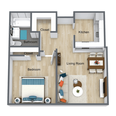 Architectural floor plan of a one-bedroom unit
