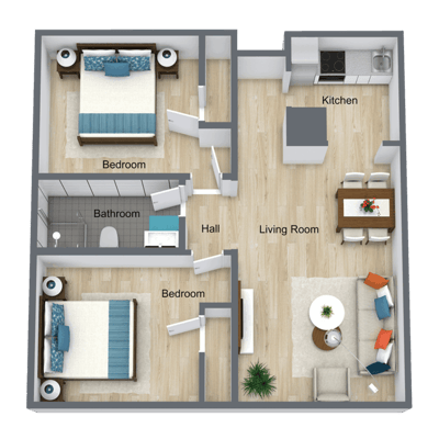 Architectural floor plan of a two-bedroom apartment