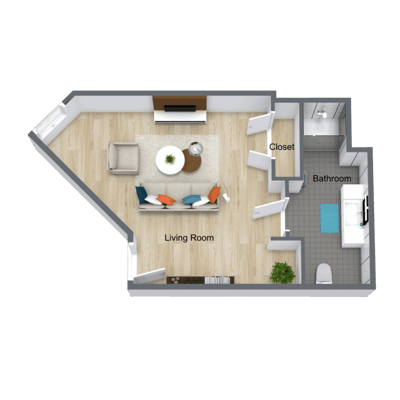 Layout of a one-bedroom apartment with living area and bathroom