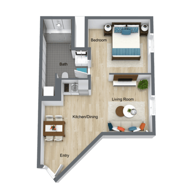 Architectural floor plan of a one-bedroom unit