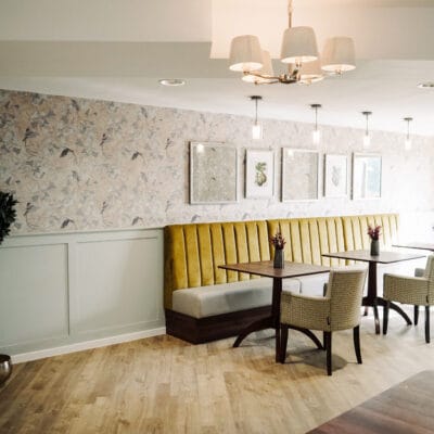 Cozy dining area with modern decor and seating