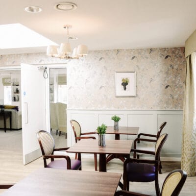 Bright interior common area with seating