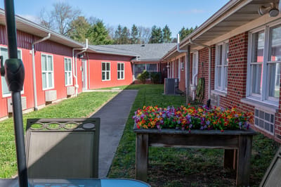 Well-maintained courtyard with colorful flowers and buildings