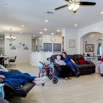 Residents enjoying time in a cozy common area